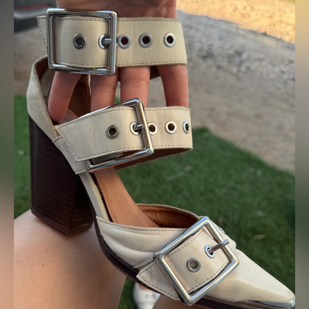 Free People Cream Buckle Block Heel Sandals